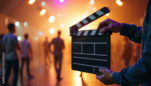 Person holds clapperboard in event background. People blurred in background. Movie production event. Lighting effect in blurry area. Entertainment industry setting. Creative content photo opportunity. photo