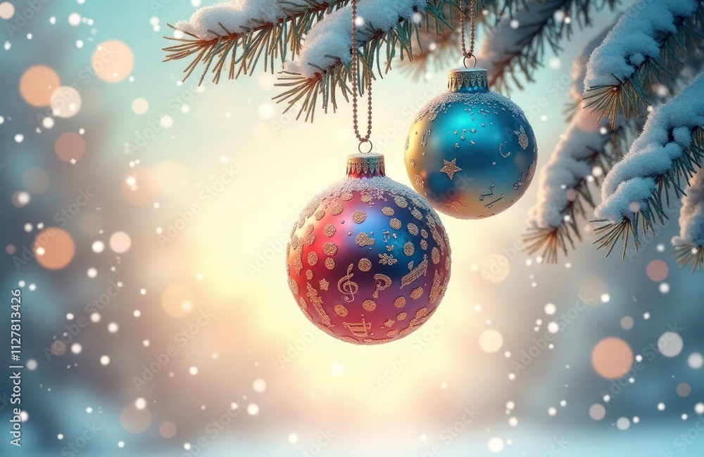 Two Christmas ornaments hang from snowy branches. Ornaments blue, red balls with gold designs. Soft winter light, falling snow create festive atmosphere. Ornaments decorated with musical notes, Two Christmas ornaments hang from snowy branches. Ornaments blue, red balls with gold designs. Soft winter light, falling snow create festive atmosphere. Ornaments decorated with musical notes,