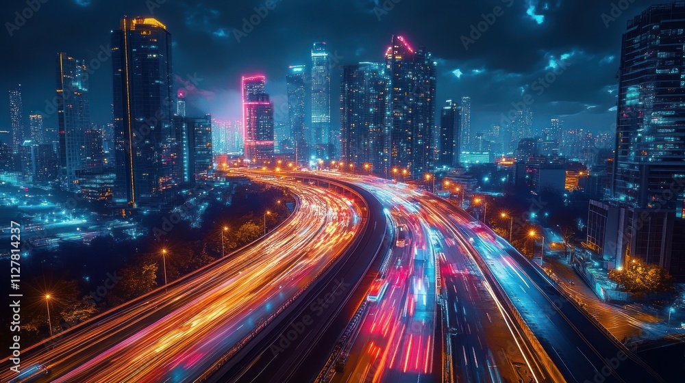 Futuristic Urban Nightscape with Neon Lights and Dynamic Traffic in a Smart City Concept Futuristic Urban Nightscape with Neon Lights and Dynamic Traffic in a Smart City Concept