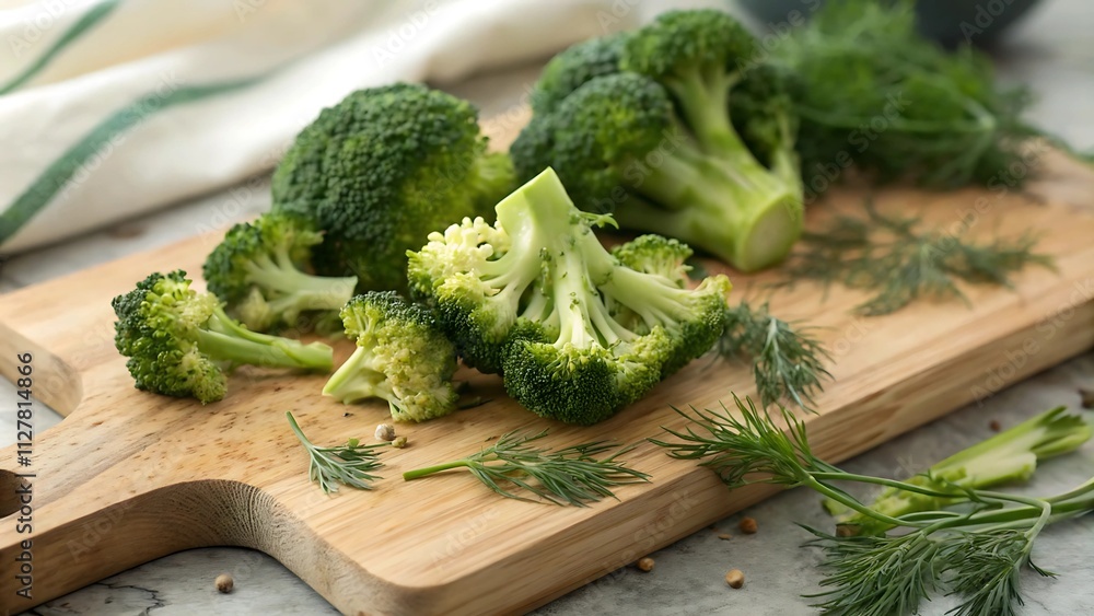 Raw Broccoli Florets on a Wooden Cutting Board with a Sprig of Dill Raw Broccoli Florets on a Wooden Cutting Board with a Sprig of Dill