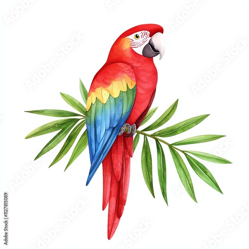 A vibrant illustration of a colorful parrot perched on green leaves, showcasing striking red, blue, and yellow feathers against a white background.
