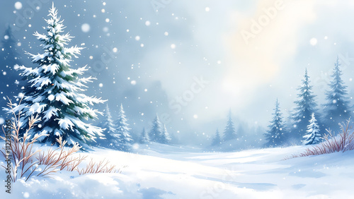 Wallpaper Mural Winter snowy landscape watercolor with Xmas tree and house, background for Christmas, new year and winter season festival poster illustration. Torontodigital.ca