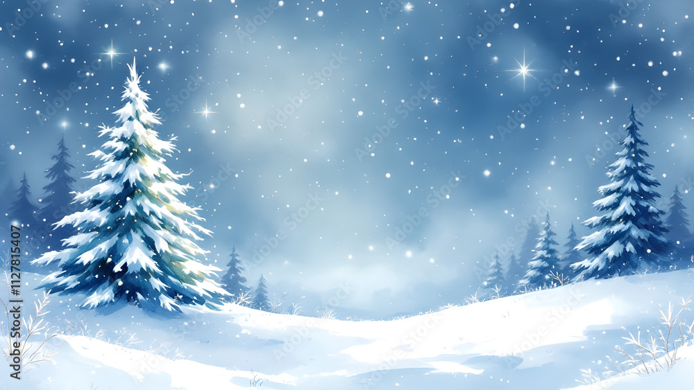 Obraz premium Winter snowy landscape watercolor with Xmas tree and house, background for Christmas, new year and winter season festival poster illustration.