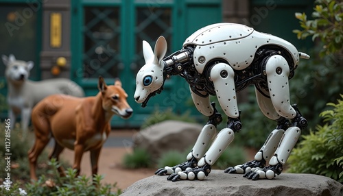 Biomechanical animal show in a robotic zoo. White rabbit-like robot stands on rock. Brown dogs are blurred in background. Interactive exhibit shows tech innovation in zoological displays. photo