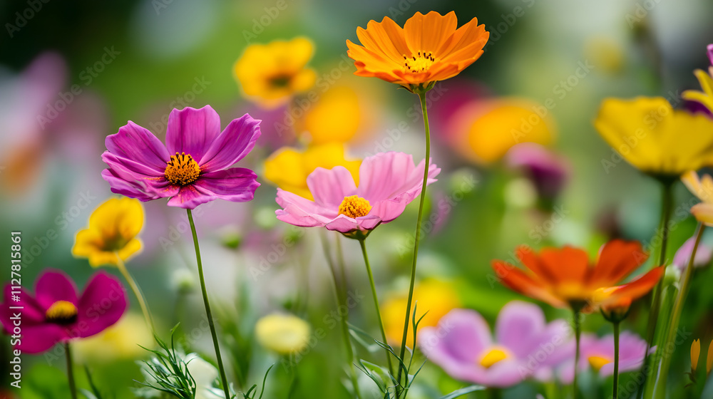 Seasonal wildflower bloom with contrasting colors of spring or summer varieties in full display Seasonal wildflower bloom with contrasting colors of spring or summer varieties in full display