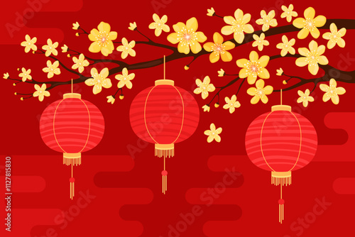 Red round silk or paper Asian lanterns hang on a branch with yellow apricot flowers, red background. Chinese lanterns. Lunar New Year, Chinese New Year, Tet. Spring sakura, cherry or apple flowers.