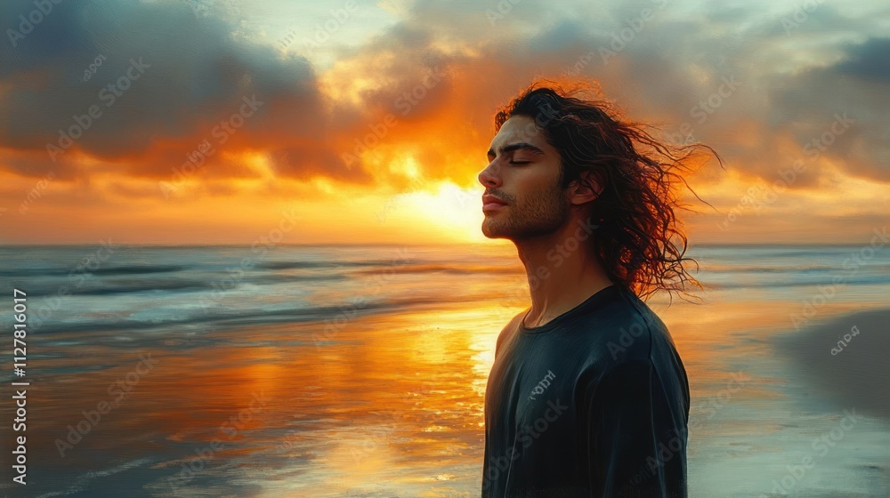 Meditating Man on Serene Beach at Sunset with Ocean Reflection and Calm Contemplation Meditating Man on Serene Beach at Sunset with Ocean Reflection and Calm Contemplation