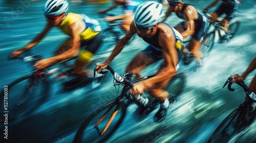 Cyclists racing, blurred motion, water splash.