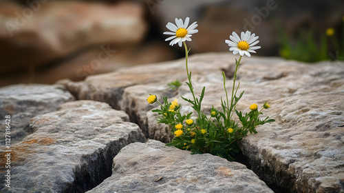 Wildflowers growing in an unexpected place, like cracks in the ground, symbolizing resilience
