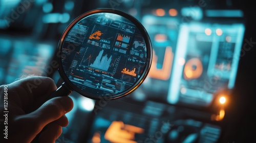 Market analysis tools visualized on a dashboard, with a magnifying glass highlighting key data