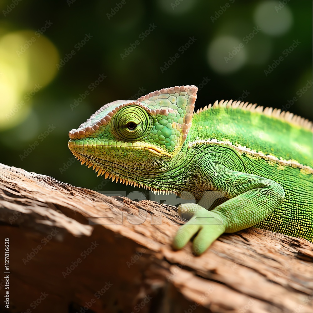Obraz premium A vibrant green chameleon perched on a log, showcasing its unique texture and color in a natural setting.