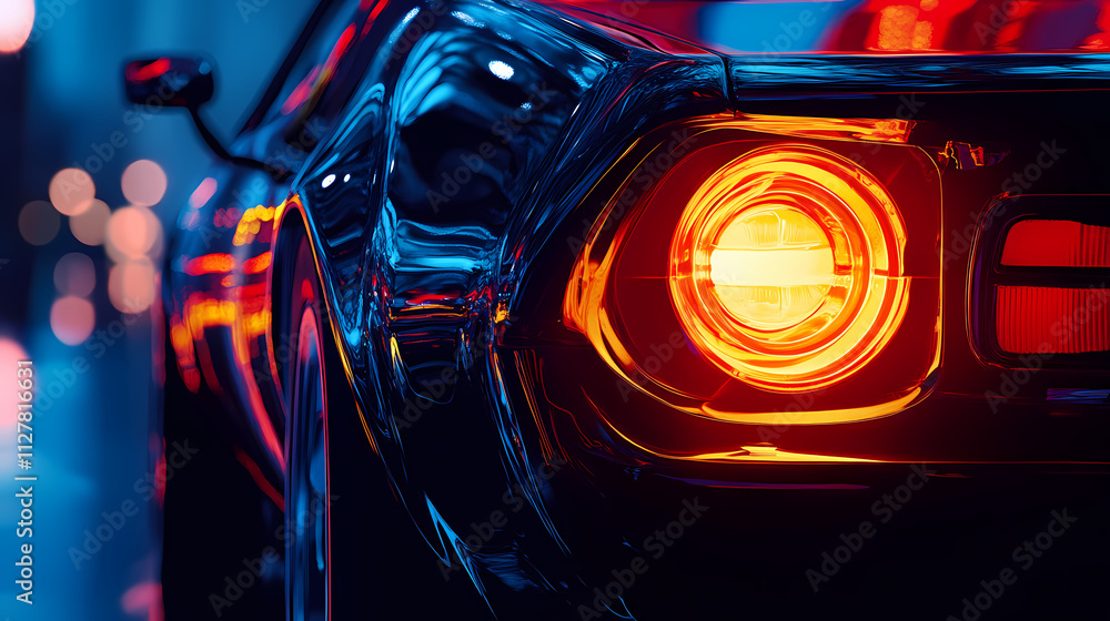 Close-up of a car headlight glowing in the dark. Radiance. Illustration Close-up of a car headlight glowing in the dark. Radiance. Illustration