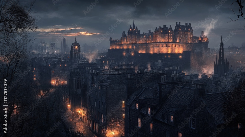 Fototapeta premium Dark, gothic city at twilight; castle looms.