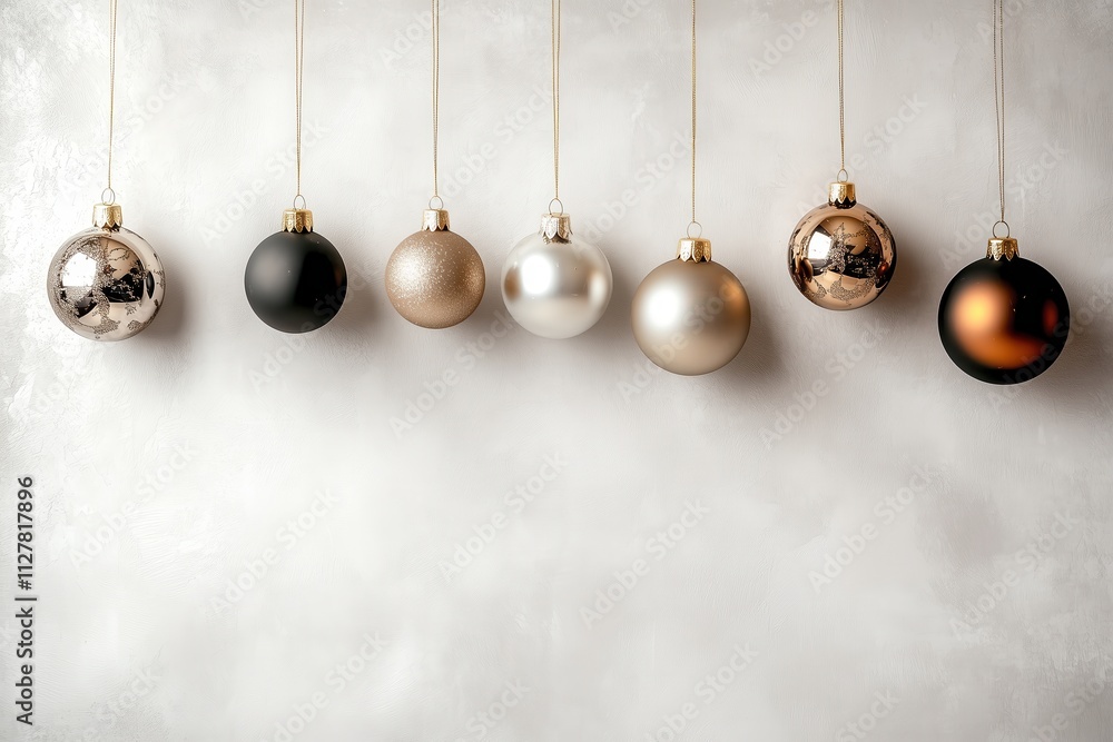 Decoração de natal com bolas suspensas em tons dourados, vermelhos e prateados, sobre fundo neutro, criada com IA generativa. Decoração de natal com bolas suspensas em tons dourados, vermelhos e prateados, sobre fundo neutro, criada com IA generativa.