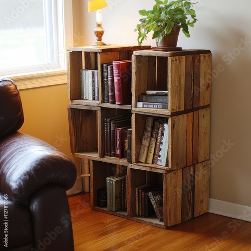 Rustic wooden crate bookshelf in living room. (1) photo