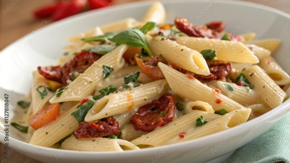 The camera zooms in on a colorful mix of vegetable penne pasta each piece shimmering with a light sheen of creamy garlic sauce. Bright specks of sundried tomatoes and chopped The camera zooms in on a colorful mix of vegetable penne pasta each piece shimmering with a light sheen of creamy garlic sauce. Bright specks of sundried tomatoes and chopped