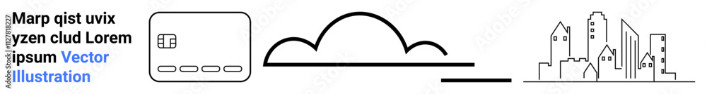 Cloud hovering above cityscape with three distinct elements text, rectangle with grid and buttons, and urban buildings. Ideal for tech presentations, urban planning, web design, smart city projects Cloud hovering above cityscape with three distinct elements text, rectangle with grid and buttons, and urban buildings. Ideal for tech presentations, urban planning, web design, smart city projects