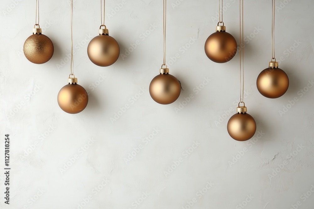Decoração de natal com bolas suspensas em tons dourados, vermelhos e prateados, sobre fundo neutro, criada com IA generativa. Decoração de natal com bolas suspensas em tons dourados, vermelhos e prateados, sobre fundo neutro, criada com IA generativa.