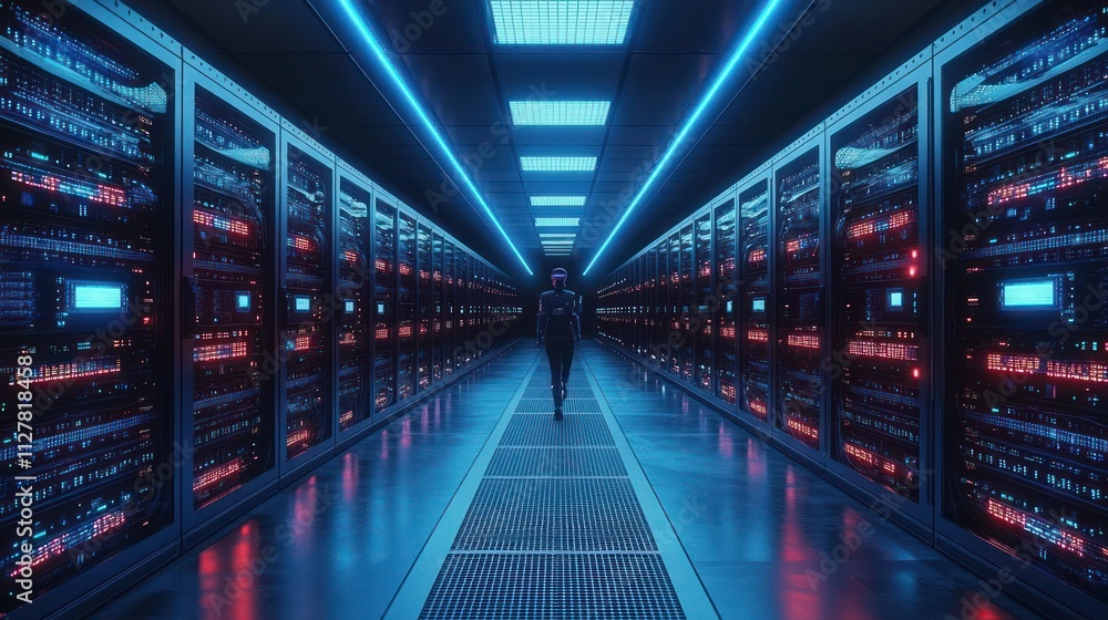 Futuristic Data Center with Blue Neon Lights and Symmetrical Server Rows in Cyberpunk Style Futuristic Data Center with Blue Neon Lights and Symmetrical Server Rows in Cyberpunk Style