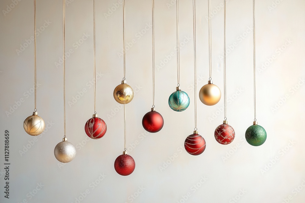 Obraz premium Decoração de natal com bolas suspensas em tons dourados, vermelhos e prateados, sobre fundo neutro, criada com IA generativa.