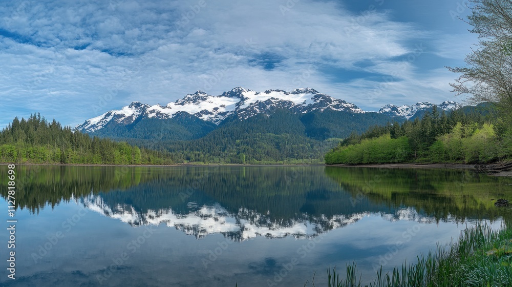A breathtaking photograph of a mountainous landscape with a tranquil lake in the foreground. The camera angle is a wide shot, with lush green forests surrounding the lake. The soft morning light creat A breathtaking photograph of a mountainous landscape with a tranquil lake in the foreground. The camera angle is a wide shot, with lush green forests surrounding the lake. The soft morning light creat