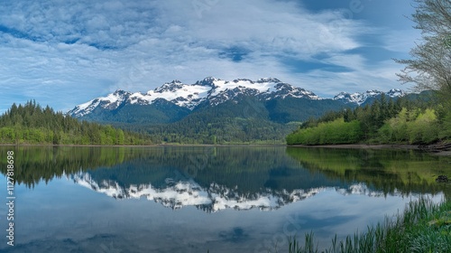 A breathtaking photograph of a mountainous landscape with a tranquil lake in the foreground. The camera angle is a wide shot, with lush green forests surrounding the lake. The soft morning light creat