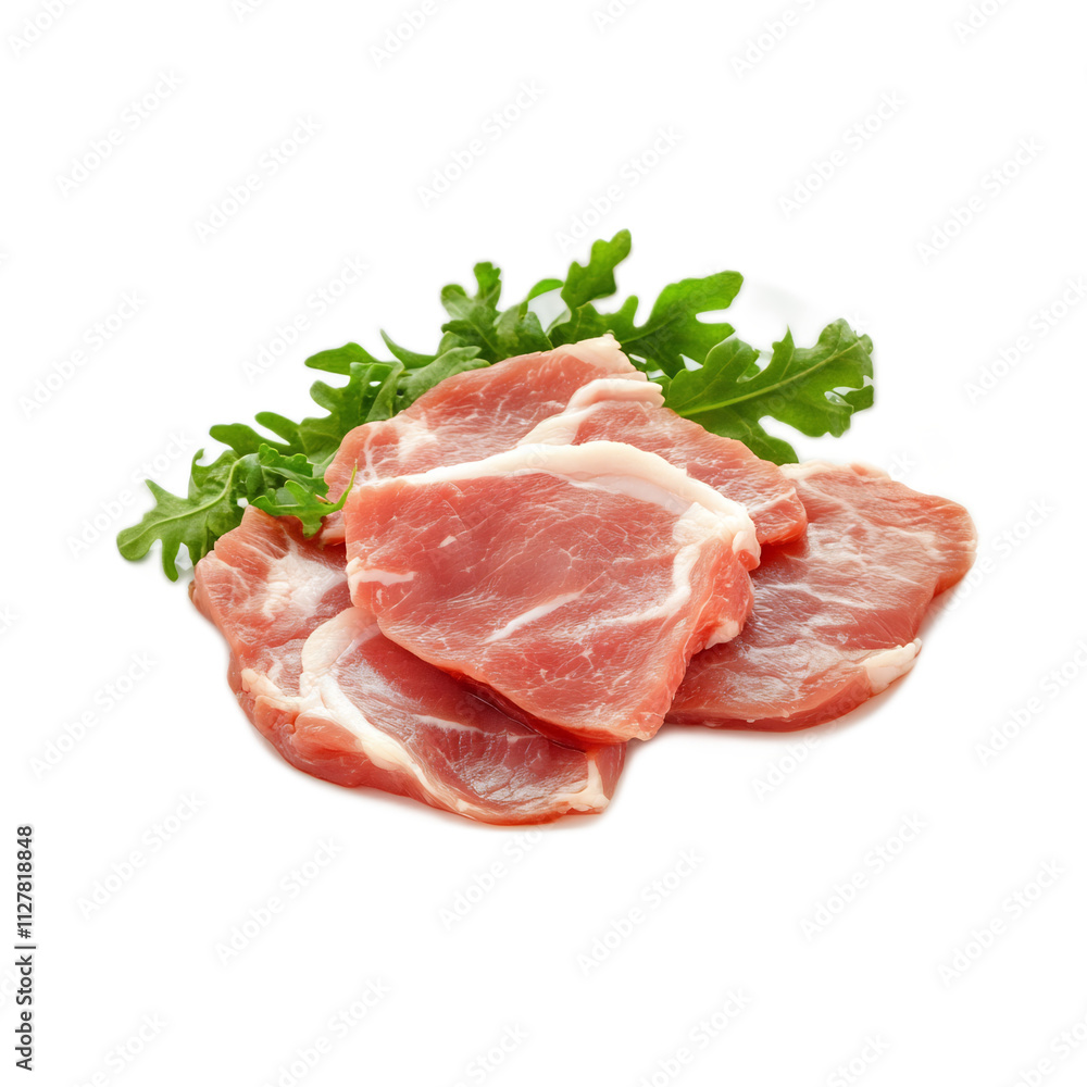 Close-up of fresh raw pork chops with green herbs on white background Close-up of fresh raw pork chops with green herbs on white background
