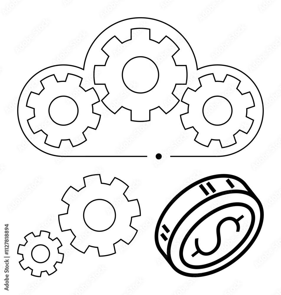 Cloud with gears integrated represents technology, and coin with dollar sign represents finance. Ideal for tech innovation, business efficiency, cloud services, fintech, economics, automation Cloud with gears integrated represents technology, and coin with dollar sign represents finance. Ideal for tech innovation, business efficiency, cloud services, fintech, economics, automation