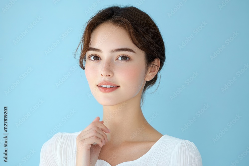 Skincare Woman in White Blouse with Blue Background Skincare Woman in White Blouse with Blue Background
