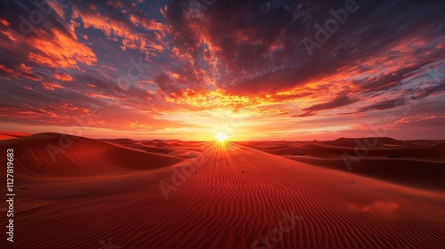 As the sun sets, soft shadows stretch across undulating sand dunes, creating a mesmerizing pattern. The sky bursts with vibrant oranges and purples, welcoming twilight in a serene desert oasis