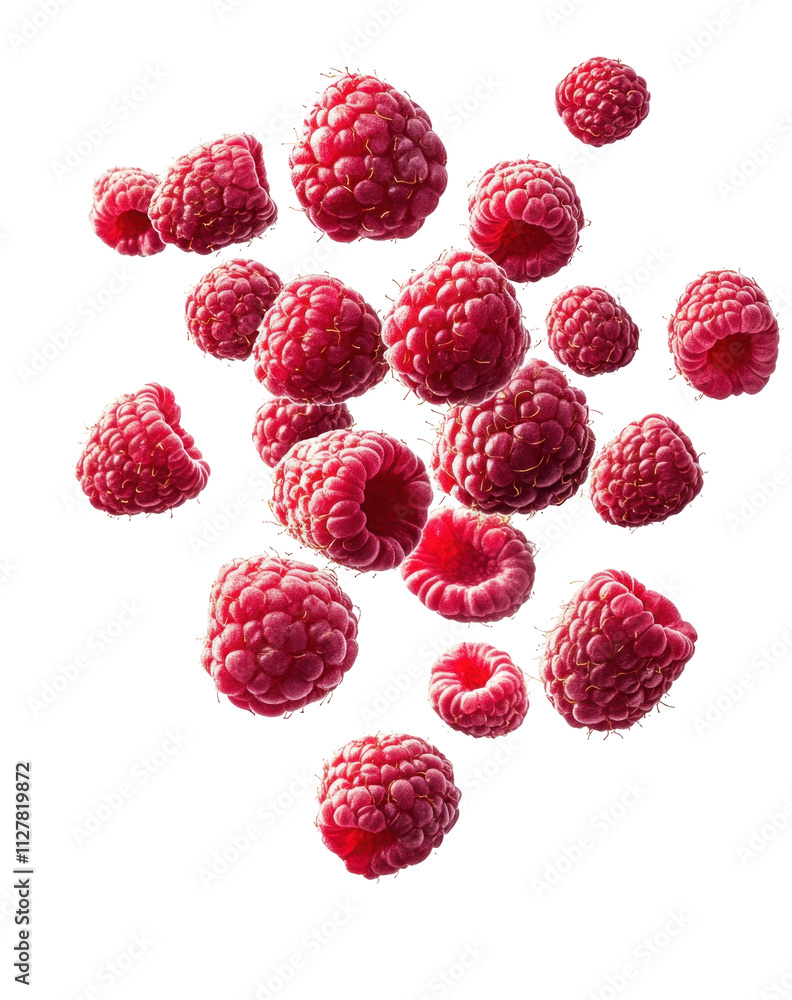 Fresh Raspberries Falling on a Transparent Background Fresh Raspberries Falling on a Transparent Background