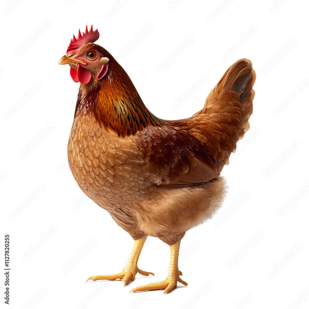 Fototapeta premium Close-up Portrait of a Vibrant Brown Rooster with Red Comb and Beak on White Background