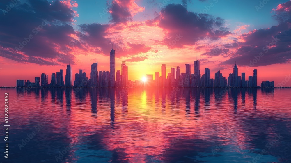 A vibrant sunset over a city skyline reflected in water, showcasing urban beauty and tranquility. A vibrant sunset over a city skyline reflected in water, showcasing urban beauty and tranquility.