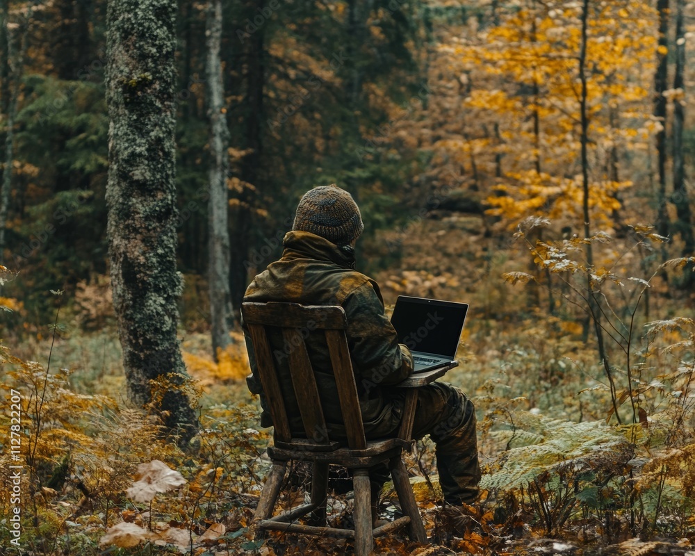 Man Working on Laptop in Autumn Forest Man Working on Laptop in Autumn Forest