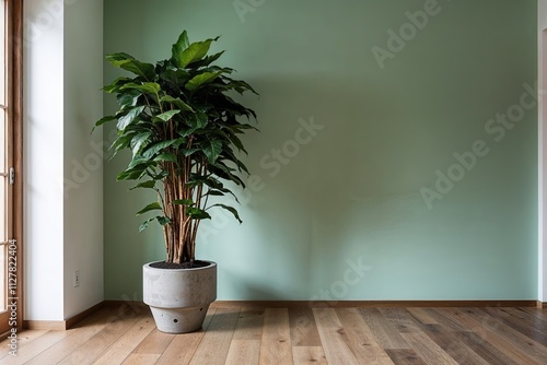 Mint Green Wall with Schefflera Plant in Stylish Concrete Pot on Warm Oak Flooring Bathed in Morning Light for Elegant Interior Design photo