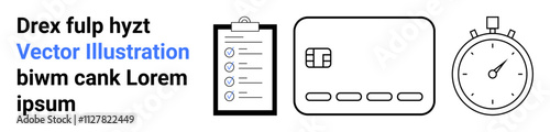 Text block, clipboard with checklist, digital card icon, stopwatch timer. Ideal for financial planning, time management, productivity, scheduling task management banking project tracking. Landing