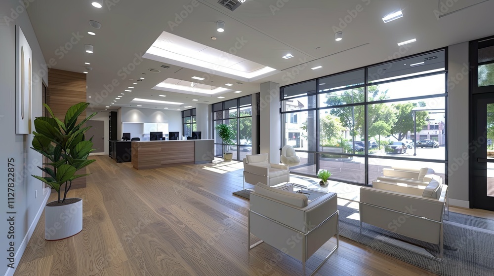 Modern Office Lobby with Wood Floors and Street View Modern Office Lobby with Wood Floors and Street View