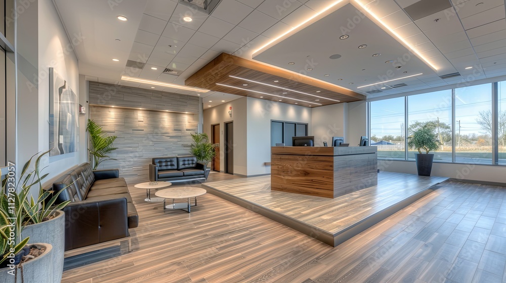 Modern and Luxurious Office Reception Area with Wood and Stone Accents Modern and Luxurious Office Reception Area with Wood and Stone Accents