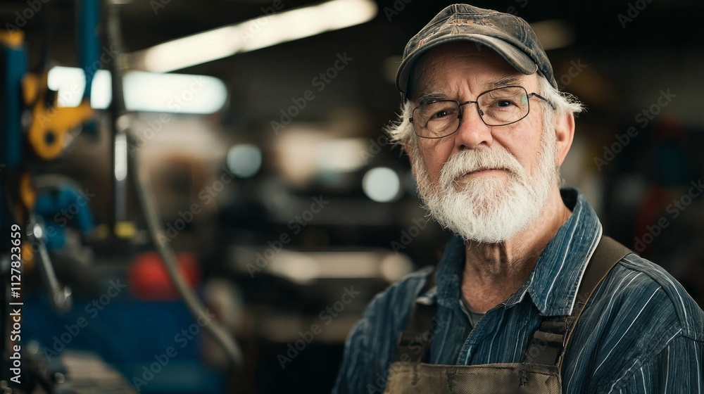 In a lively auto repair shop, an experienced mechanic stands confidently amidst a backdrop of tools and machinery. His thoughtful expression reflects years of dedication to his craft In a lively auto repair shop, an experienced mechanic stands confidently amidst a backdrop of tools and machinery. His thoughtful expression reflects years of dedication to his craft