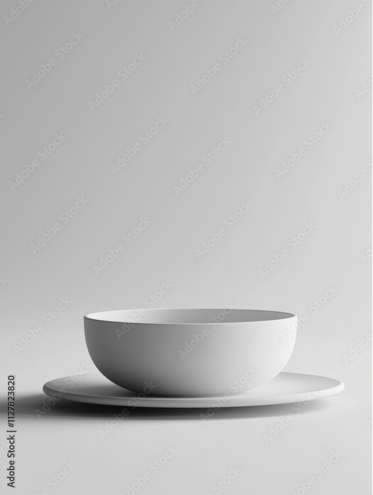 Minimalist White Bowl and Plate on White Background Minimalist White Bowl and Plate on White Background