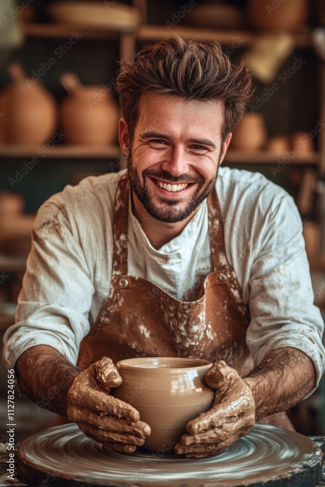 Smiling craft artist in apron in art studio store. Smiling craft artist in apron in art studio store.