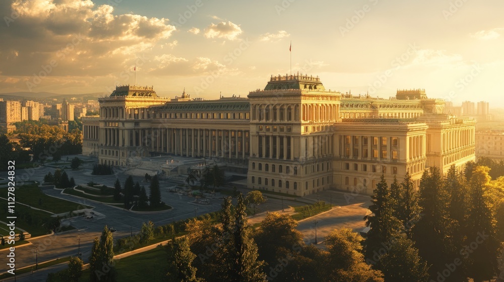 Obraz premium Grand palace sunset, city backdrop, golden hour.
