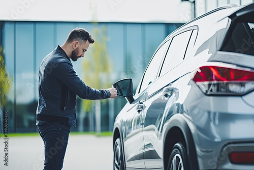 A man inspects a rental vehicle in a modern outdoor setting, considering the price for his journey. Bright colors emphasize the automobile s features.