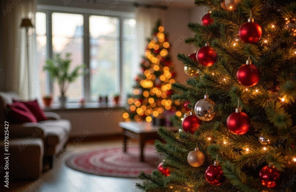 Cozy living room decorated for Christmas. Christmas tree with red, gold ornaments. Warm lighting. Comfy couch, rug also visible. Perfect for holiday cards seasonal home decor themes. Great image for Cozy living room decorated for Christmas. Christmas tree with red, gold ornaments. Warm lighting. Comfy couch, rug also visible. Perfect for holiday cards seasonal home decor themes. Great image for
