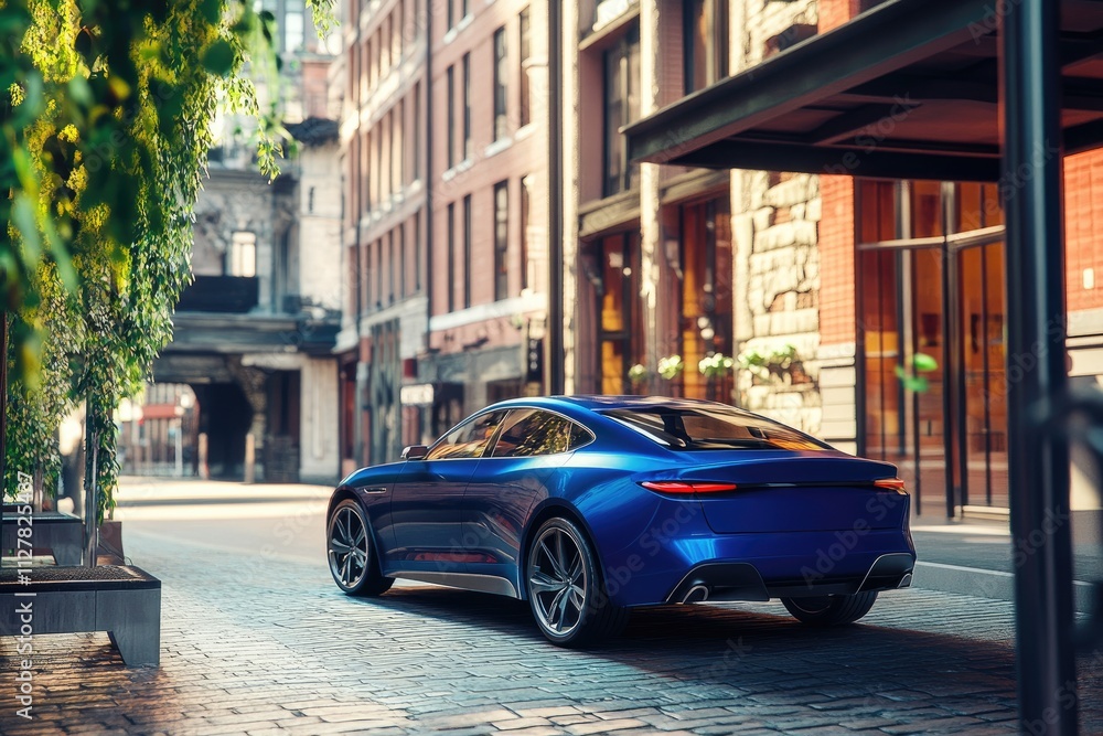 A sleek modern automobile parked in a vibrant urban setting, showcasing an inviting exterior with a shiny blue color. The scene captures the essence of transportation and A sleek modern automobile parked in a vibrant urban setting, showcasing an inviting exterior with a shiny blue color. The scene captures the essence of transportation and