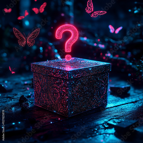 Oversized Iridescent Gift Box with Holographic Question Mark and Glowing Butterflies