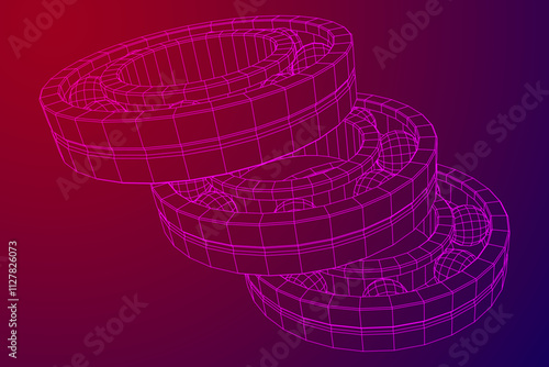 Roller bearing. Circular round rotating bearings used in industry for heavy equipment mechanical work and engineering. Wireframe low poly mesh vector illustration.