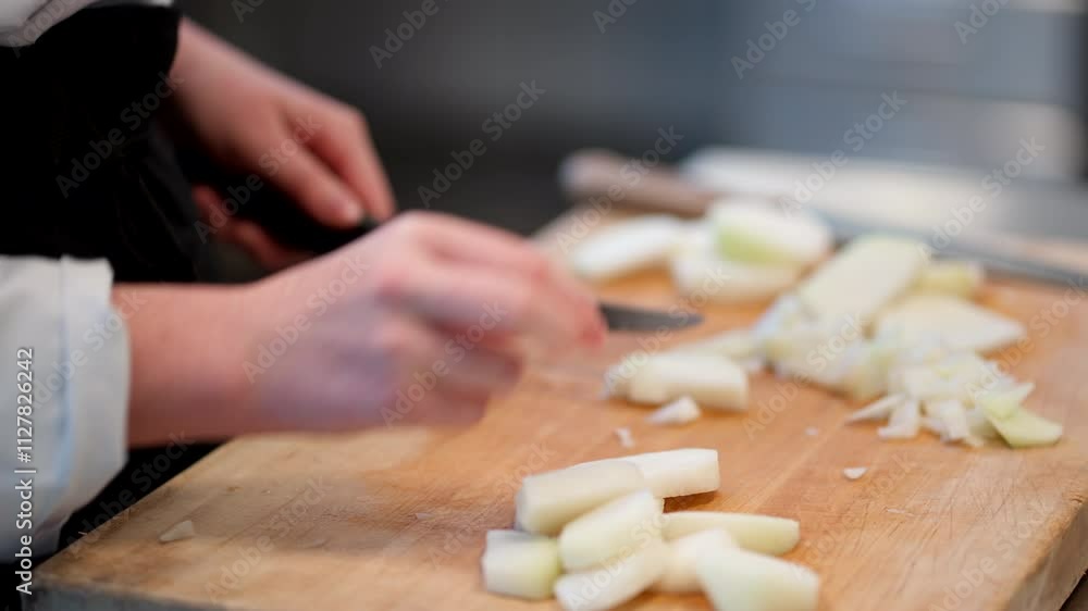 Slicing onions, cooking techniques, kitchen utensils, equipment, close-up Slicing onions, cooking techniques, kitchen utensils, equipment, close-up