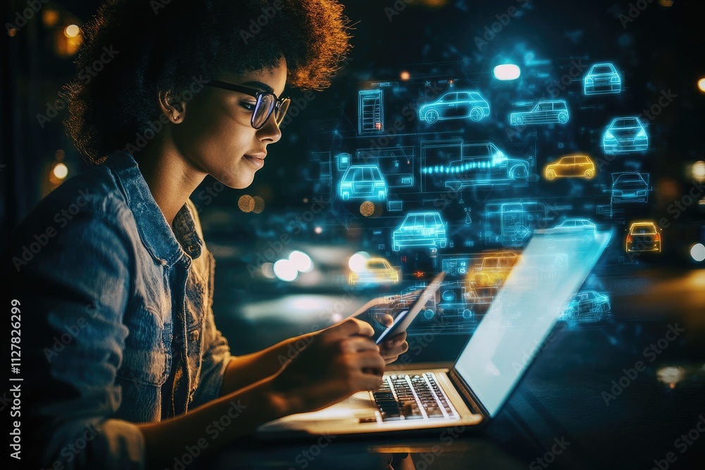 A young adult is comparing different rental offers on a laptop, showcasing a vibrant cyberspace environment filled with various vehicle icons. A young adult is comparing different rental offers on a laptop, showcasing a vibrant cyberspace environment filled with various vehicle icons.