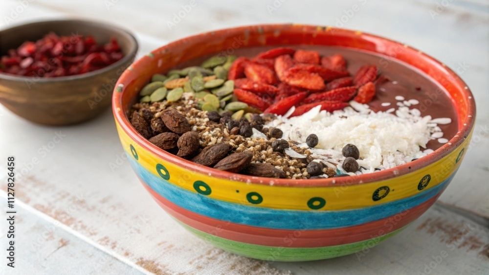 A handmade pottery bowl gleaming with a kaleidoscope of nutrients where the shiny surface reflects the glisten of the goji berries the matte finish of the cacao nibs and the A handmade pottery bowl gleaming with a kaleidoscope of nutrients where the shiny surface reflects the glisten of the goji berries the matte finish of the cacao nibs and the